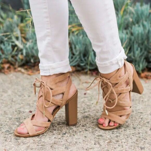 Sam Edelman Yardley Nude Suede Leather Lace Up Sandal Block Heels - Picture 1 of 10